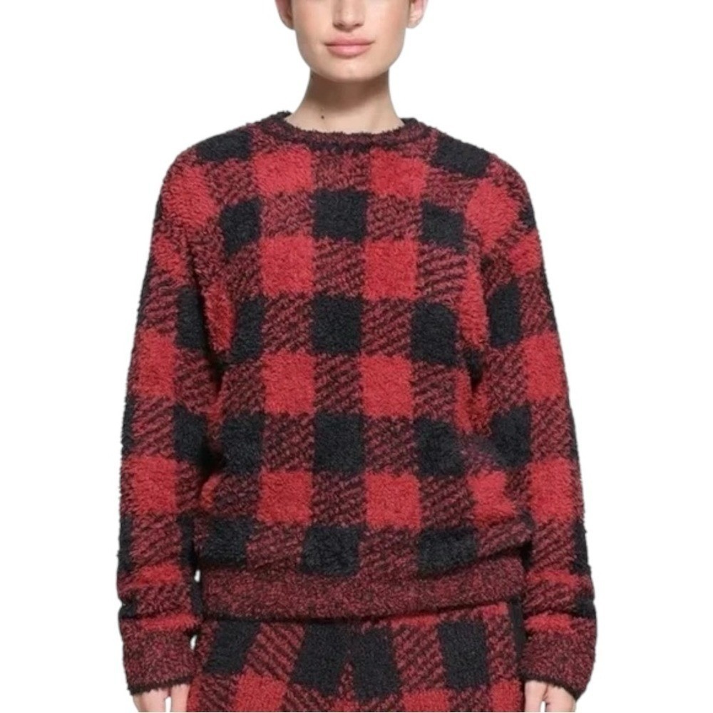 Skims Teddy Knit Crewneck Sweater Buffalo Check Plaid Red Black S M